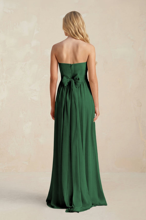 Strapless A - Line Pleated Chiffon Bridesmaid Dress With Slit in Dark Green - KissProm Bridesmaid Dresses