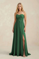 Strapless A - Line Pleated Chiffon Bridesmaid Dress With Slit in Dark Green - KissProm Bridesmaid Dresses