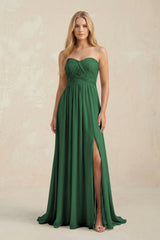 Strapless A - Line Pleated Chiffon Bridesmaid Dress With Slit in Dark Green - KissProm Bridesmaid Dresses