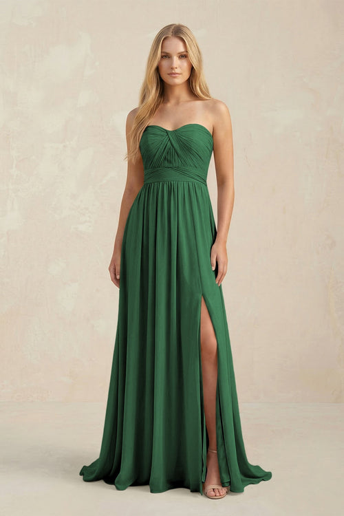 Strapless A - Line Pleated Chiffon Bridesmaid Dress With Slit in Dark Green - KissProm Bridesmaid Dresses
