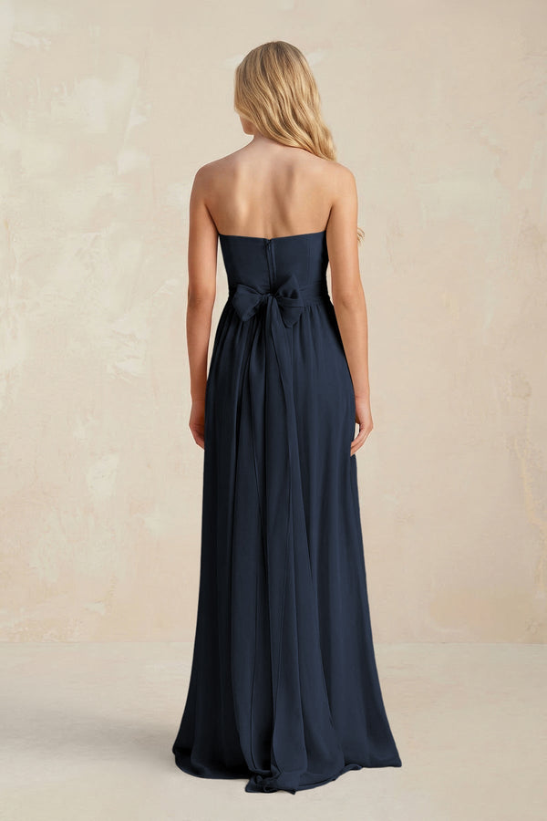 Strapless A - Line Pleated Chiffon Bridesmaid Dress With Slit in Dark Navy - KissProm Bridesmaid Dresses