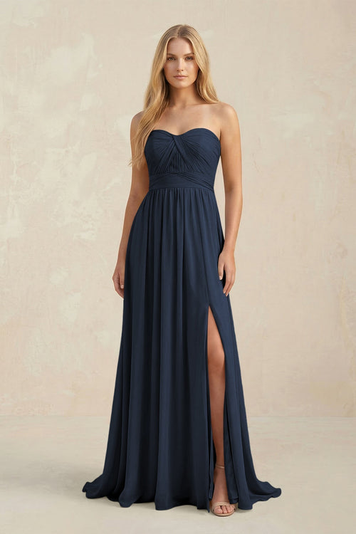 Strapless A - Line Pleated Chiffon Bridesmaid Dress With Slit in Dark Navy - KissProm Bridesmaid Dresses