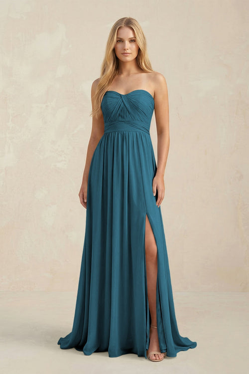 Strapless A - Line Pleated Chiffon Bridesmaid Dress With Slit in Dark Teal - KissProm Bridesmaid Dresses
