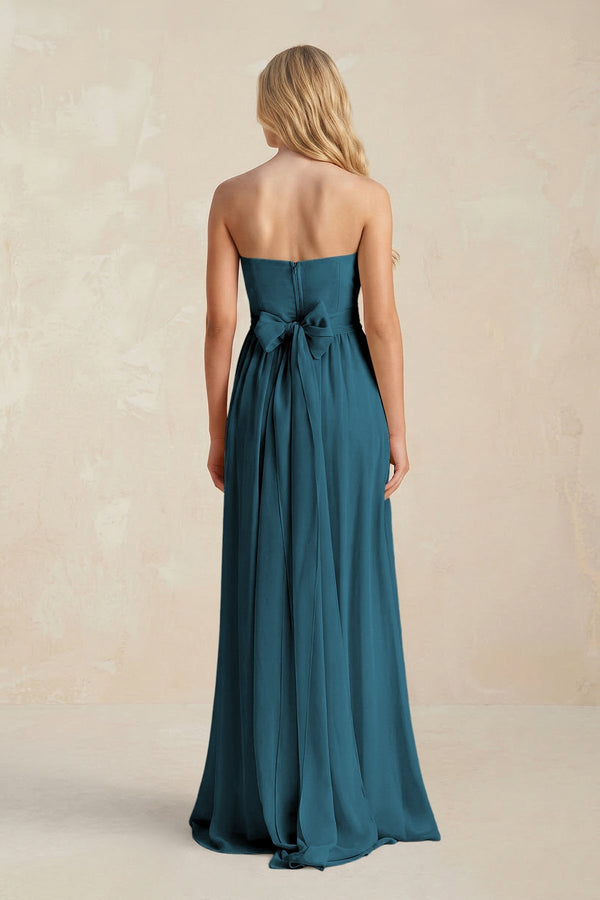 Strapless A - Line Pleated Chiffon Bridesmaid Dress With Slit in Dark Teal - KissProm Bridesmaid Dresses