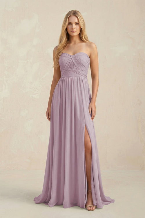Strapless A - Line Pleated Chiffon Bridesmaid Dress With Slit in Dusk - KissProm Bridesmaid Dresses