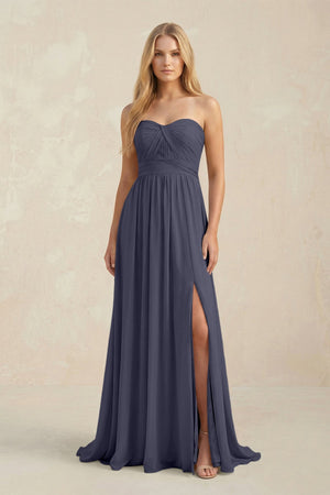 Strapless A - Line Pleated Chiffon Bridesmaid Dress With Slit in Dusk Blue - KissProm Bridesmaid Dresses