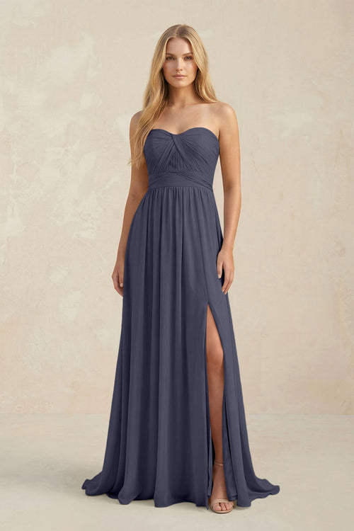 Strapless A - Line Pleated Chiffon Bridesmaid Dress With Slit in Dusk Blue - KissProm Bridesmaid Dresses