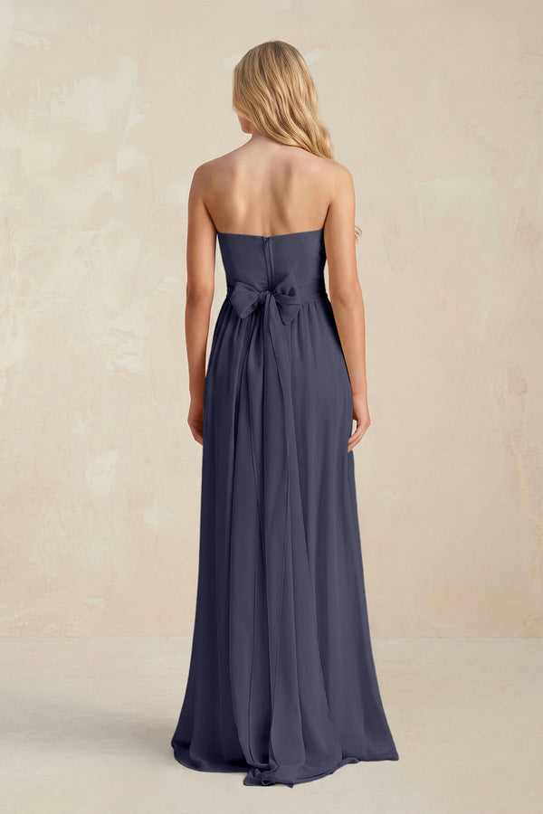 Strapless A - Line Pleated Chiffon Bridesmaid Dress With Slit in Dusk Blue - KissProm Bridesmaid Dresses