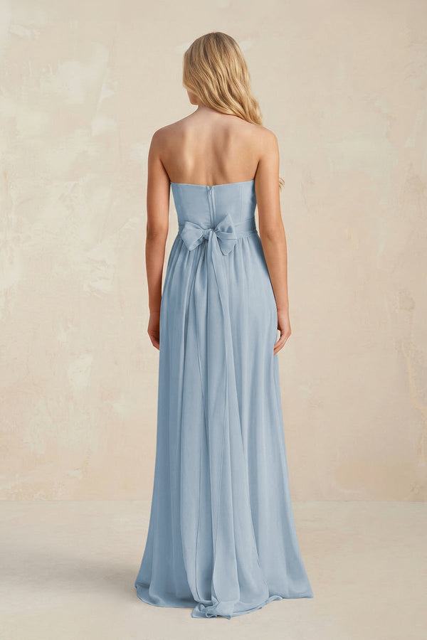 Strapless A - Line Pleated Chiffon Bridesmaid Dress With Slit in Dusty Blue - KissProm Bridesmaid Dresses