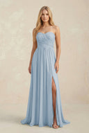 Strapless A - Line Pleated Chiffon Bridesmaid Dress With Slit in Dusty Blue - KissProm Bridesmaid Dresses