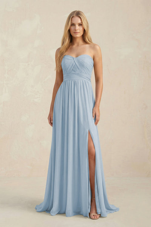 Strapless A - Line Pleated Chiffon Bridesmaid Dress With Slit in Dusty Blue - KissProm Bridesmaid Dresses