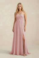 Strapless A - Line Pleated Chiffon Bridesmaid Dress With Slit in Dusty Rose - KissProm Bridesmaid Dresses