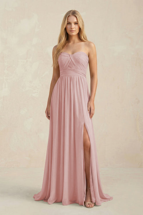 Strapless A - Line Pleated Chiffon Bridesmaid Dress With Slit in Dusty Rose - KissProm Bridesmaid Dresses