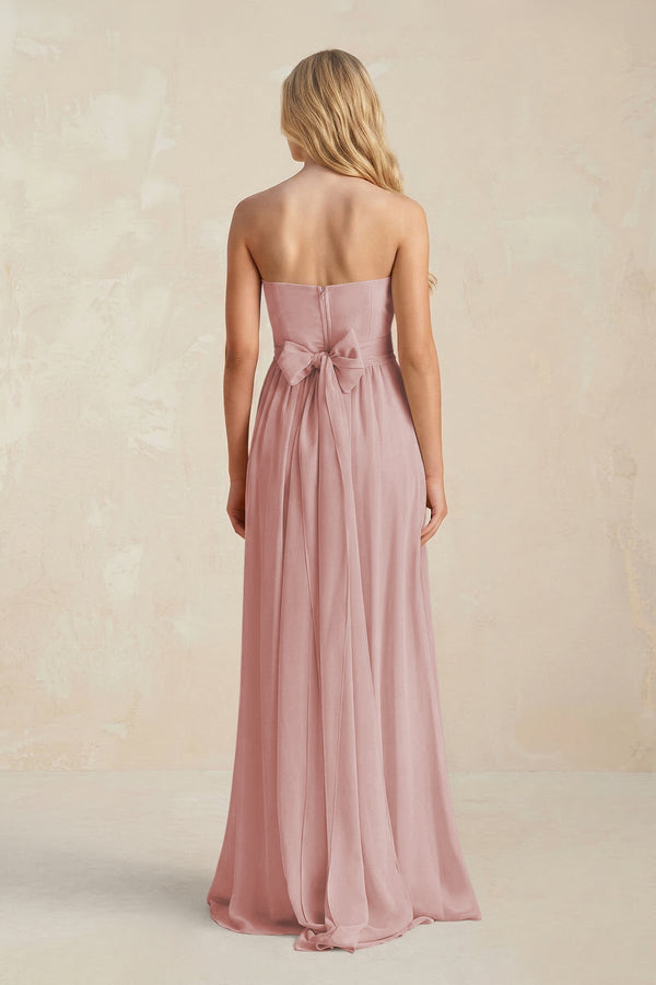 Strapless A - Line Pleated Chiffon Bridesmaid Dress With Slit in Dusty Rose - KissProm Bridesmaid Dresses