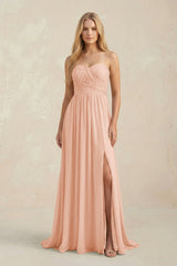 Strapless A - Line Pleated Chiffon Bridesmaid Dress With Slit in English Rose - KissProm Bridesmaid Dresses