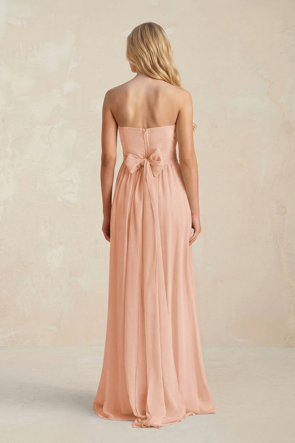 Strapless A - Line Pleated Chiffon Bridesmaid Dress With Slit in English Rose - KissProm Bridesmaid Dresses