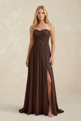 Strapless A - Line Pleated Chiffon Bridesmaid Dress With Slit in Espresso - KissProm Bridesmaid Dresses