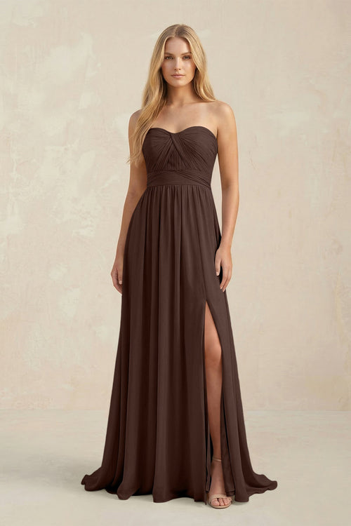 Strapless A - Line Pleated Chiffon Bridesmaid Dress With Slit in Espresso - KissProm Bridesmaid Dresses