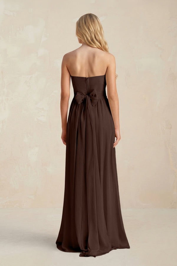 Strapless A - Line Pleated Chiffon Bridesmaid Dress With Slit in Espresso - KissProm Bridesmaid Dresses