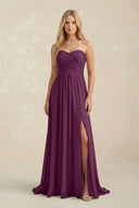Strapless A - Line Pleated Chiffon Bridesmaid Dress With Slit in Fig - KissProm Bridesmaid Dresses