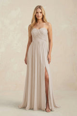 Strapless A - Line Pleated Chiffon Bridesmaid Dress With Slit in Frost - KissProm Bridesmaid Dresses