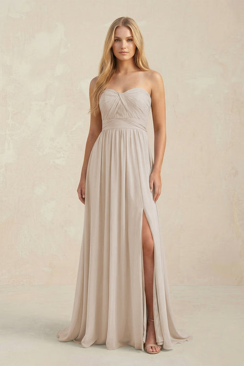 Strapless A - Line Pleated Chiffon Bridesmaid Dress With Slit in Frost - KissProm Bridesmaid Dresses