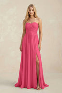 Strapless A - Line Pleated Chiffon Bridesmaid Dress With Slit in Fuchsia - KissProm Bridesmaid Dresses