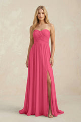 Strapless A - Line Pleated Chiffon Bridesmaid Dress With Slit in Fuchsia - KissProm Bridesmaid Dresses