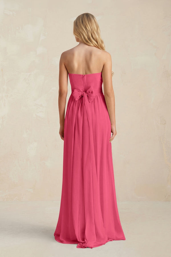 Strapless A - Line Pleated Chiffon Bridesmaid Dress With Slit in Fuchsia - KissProm Bridesmaid Dresses