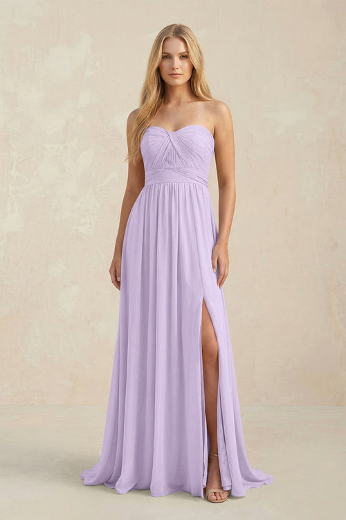 Strapless A - Line Pleated Chiffon Bridesmaid Dress With Slit in Lavender - KissProm Bridesmaid Dresses