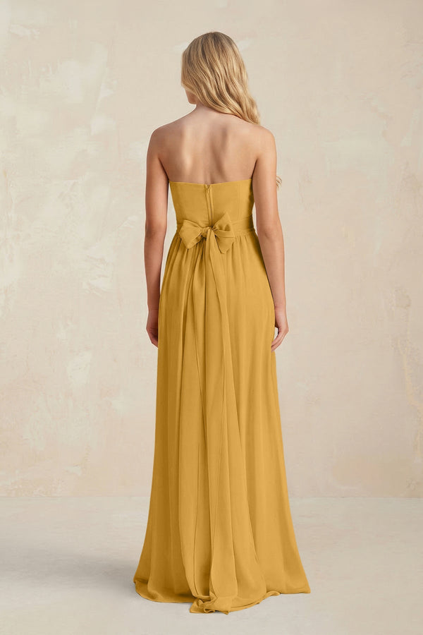 Strapless A - Line Pleated Chiffon Bridesmaid Dress With Slit in Marigold - KissProm Bridesmaid Dresses