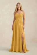 Strapless A - Line Pleated Chiffon Bridesmaid Dress With Slit in Marigold - KissProm Bridesmaid Dresses