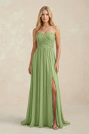 Strapless A - Line Pleated Chiffon Bridesmaid Dress With Slit in Matcha - KissProm Bridesmaid Dresses