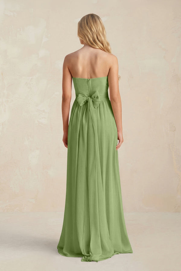 Strapless A - Line Pleated Chiffon Bridesmaid Dress With Slit in Matcha - KissProm Bridesmaid Dresses