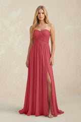 Strapless A - Line Pleated Chiffon Bridesmaid Dress With Slit in Merlot - KissProm Bridesmaid Dresses