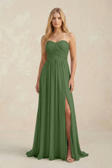 Strapless A - Line Pleated Chiffon Bridesmaid Dress With Slit in Moss - KissProm Bridesmaid Dresses