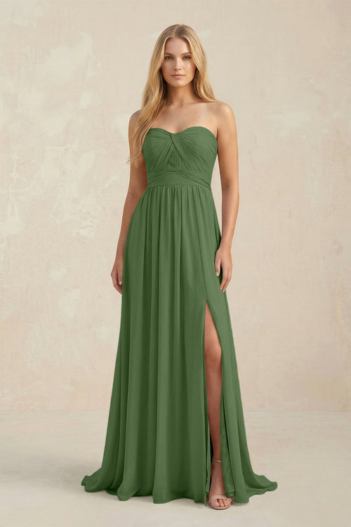 Strapless A - Line Pleated Chiffon Bridesmaid Dress With Slit in Moss - KissProm Bridesmaid Dresses