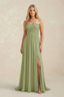 Strapless A - Line Pleated Chiffon Bridesmaid Dress With Slit in Moss Green - KissProm Bridesmaid Dresses