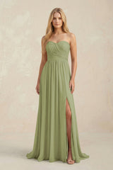 Strapless A - Line Pleated Chiffon Bridesmaid Dress With Slit in Moss Green - KissProm Bridesmaid Dresses