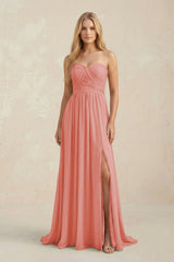 Strapless A - Line Pleated Chiffon Bridesmaid Dress With Slit in Mulberry - KissProm Bridesmaid Dresses