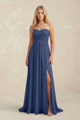 Strapless A - Line Pleated Chiffon Bridesmaid Dress With Slit in Navy - KissProm Bridesmaid Dresses