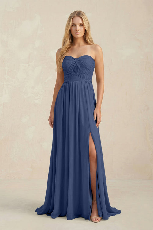 Strapless A - Line Pleated Chiffon Bridesmaid Dress With Slit in Navy - KissProm Bridesmaid Dresses