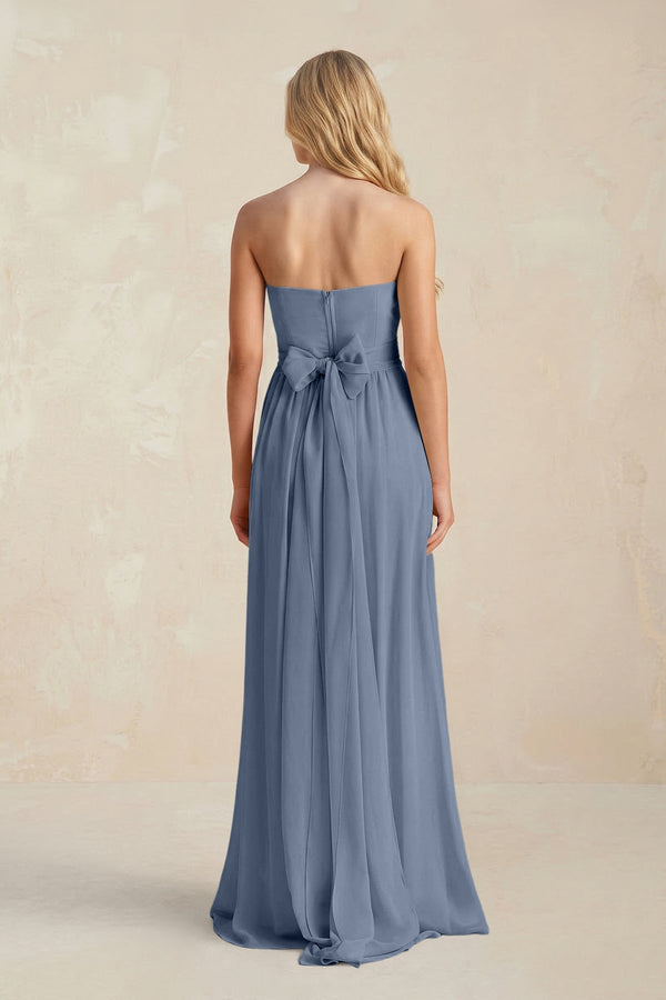 Strapless A - Line Pleated Chiffon Bridesmaid Dress With Slit in Neptune - KissProm Bridesmaid Dresses