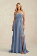 Strapless A - Line Pleated Chiffon Bridesmaid Dress With Slit in Neptune - KissProm Bridesmaid Dresses