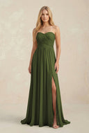 Strapless A - Line Pleated Chiffon Bridesmaid Dress With Slit in Olive - KissProm Bridesmaid Dresses