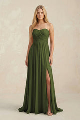 Strapless A - Line Pleated Chiffon Bridesmaid Dress With Slit in Olive - KissProm Bridesmaid Dresses