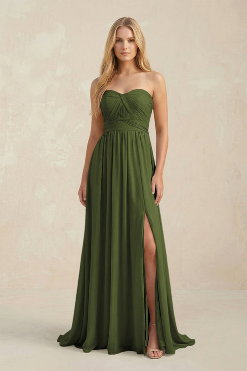 Strapless A - Line Pleated Chiffon Bridesmaid Dress With Slit in Olive - KissProm Bridesmaid Dresses