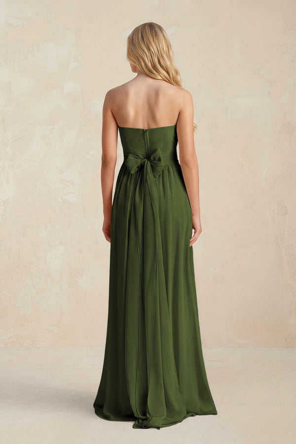Strapless A - Line Pleated Chiffon Bridesmaid Dress With Slit in Olive - KissProm Bridesmaid Dresses