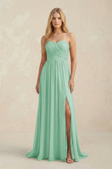 Strapless A - Line Pleated Chiffon Bridesmaid Dress With Slit in Pale Pistachio - KissProm Bridesmaid Dresses