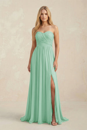 Strapless A - Line Pleated Chiffon Bridesmaid Dress With Slit in Pale Pistachio - KissProm Bridesmaid Dresses